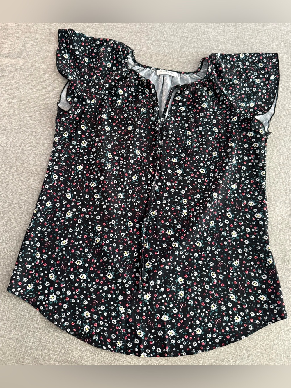 Simple Fun- Black Floral Tie-Neck Flutter Sleeve Blouse